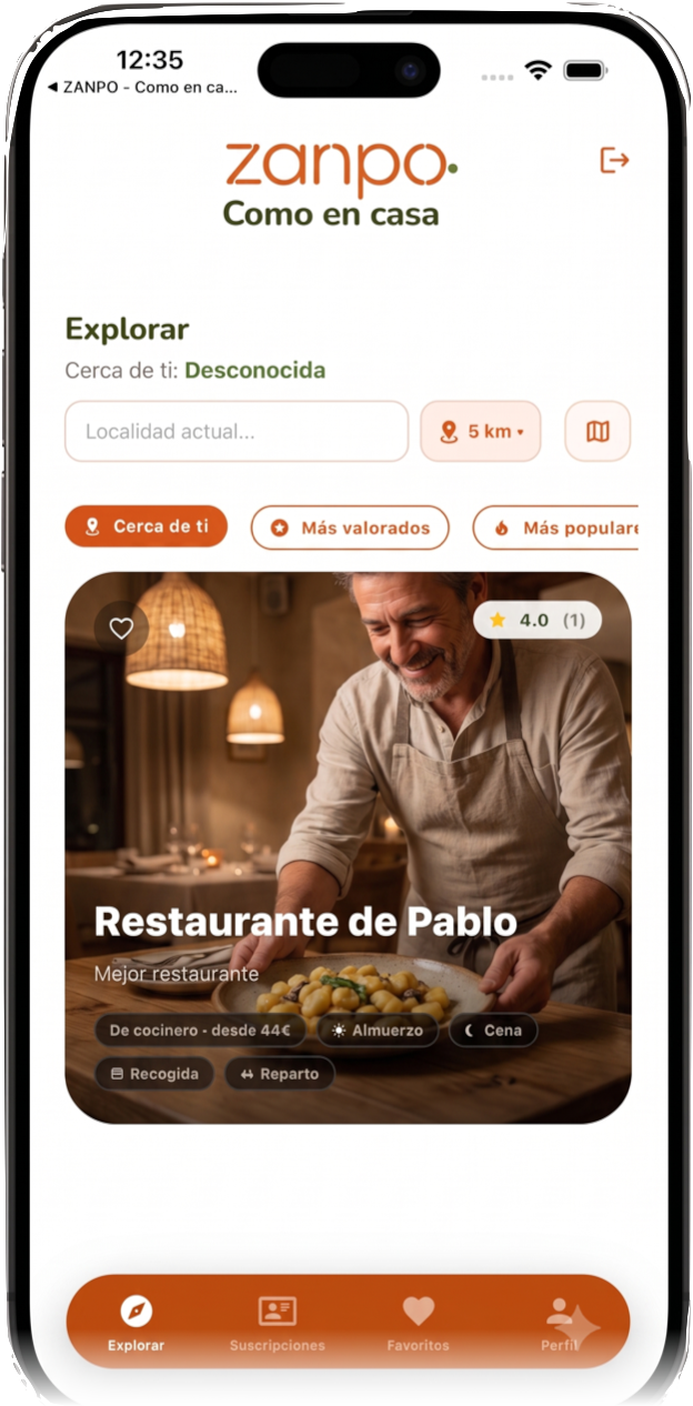 App Zanpo mostrando restaurantes cerca de ti